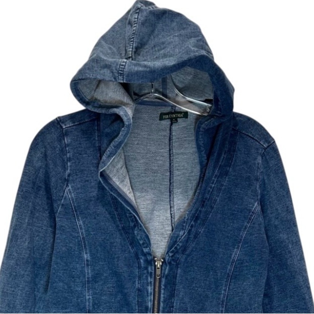 For Cynthia Blue Denim Cotton Hooded Jacket w/ Asymmetric Raw Hem - Medium - Picture 4 of 7